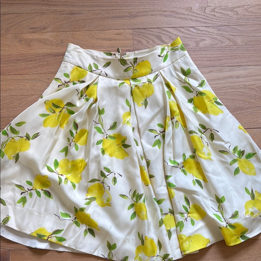 Kate Spade Lemon Print A-Line Pleated Silk Skirt